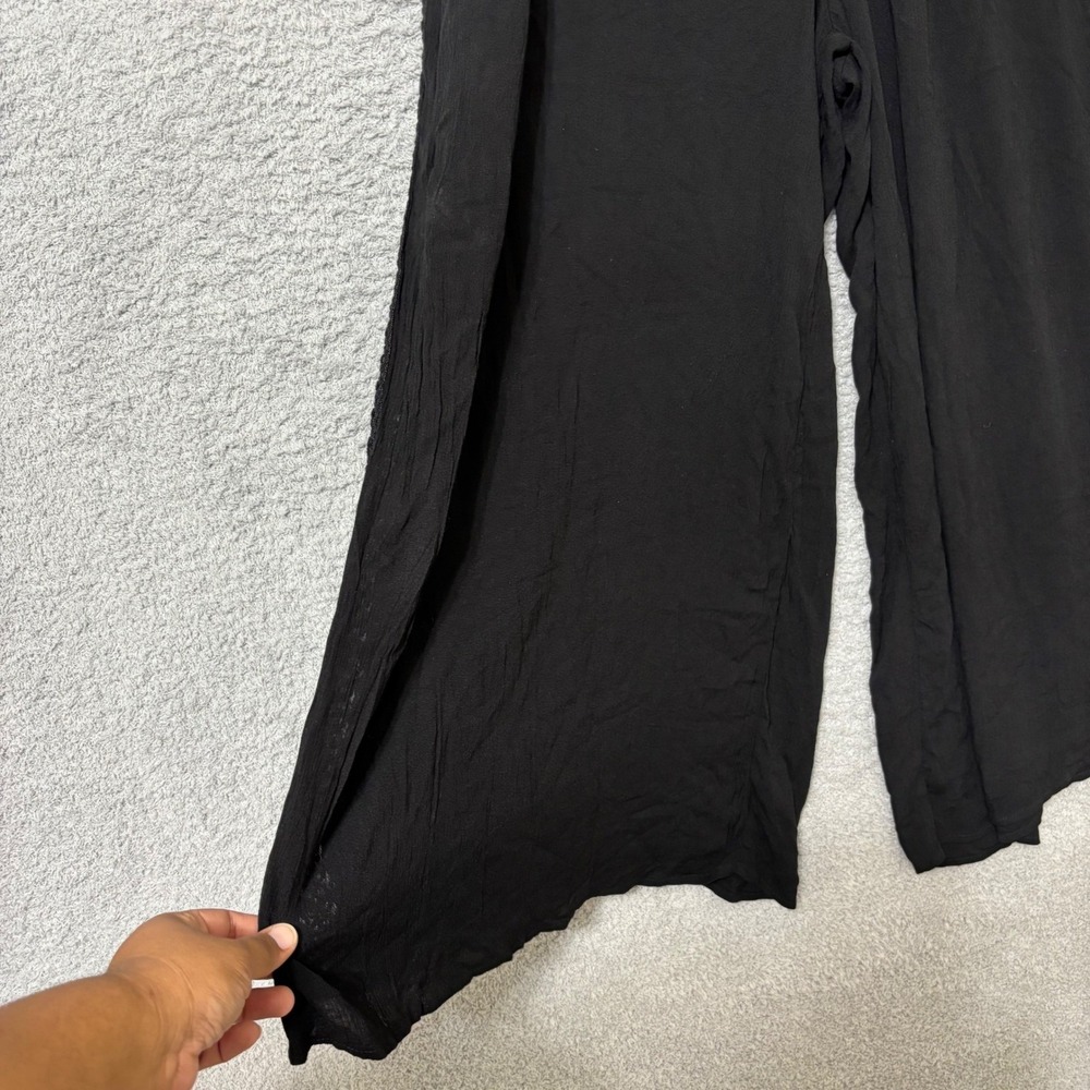 Wide Leg Black Lounge Pants 3X Elastic Waist Drawstring Crochet Side Detail - Picture 4 of 11